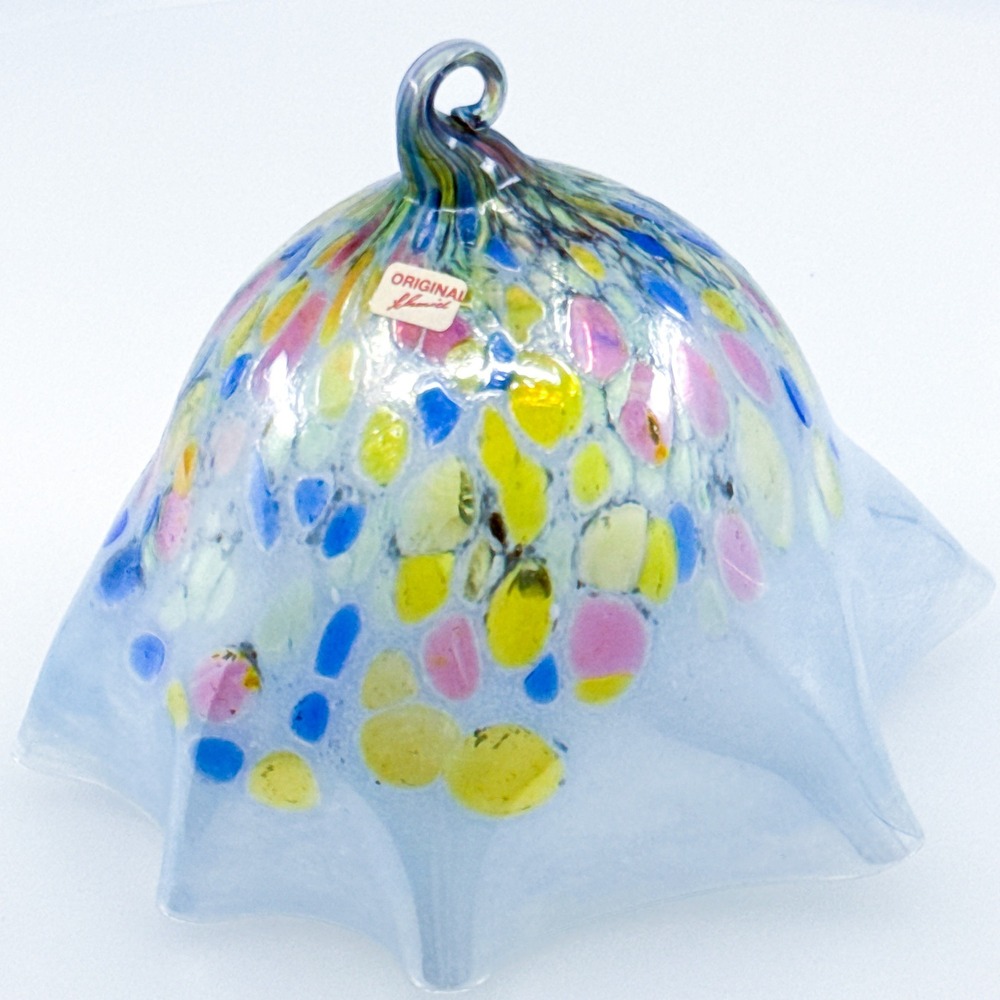 Schmid Art Glass Bell Blue Confetti Handblown Ruffled Handkerchief Vintage